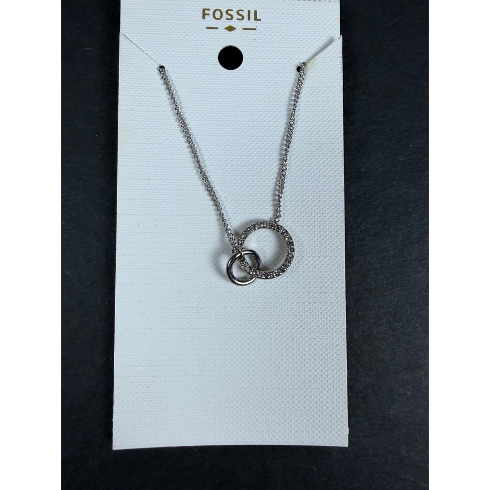Fossil Womens Stainless Steel Interlocking Double Circle Crystal Necklace Silver